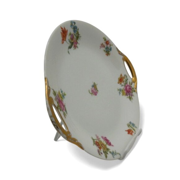 LIMOGES Porcelain Floral Platter With Gold Handles, France Vintage 11" - Picture 3 of 11